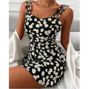 Kadın Papatya Desen Mikro Kumaş Askılı Elbise