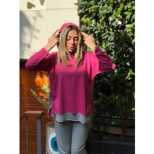 Kadın Pembe Kapşonlu Etek Ucu Detay Arma Ters Dikiş Gorunumlu Ikili Takım