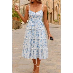 Kadın Sıfır Kol Askılı Dekolteli Yırtmaç Detay çiçek Baskılı Süprem Midi Elbise