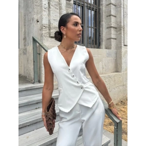 Kadın Sıfır Kollu çapraz V Yakalı önden Düğmeli Atlas Yelek Ve Pantolon Ikili Takım