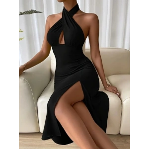 Kadın Sırt Dekolteli Boyun çapraz Yakalı Yırtmaç Detay Midi Sandy Elbise