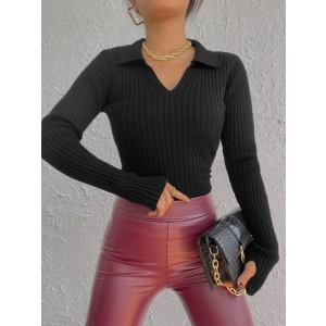 Kadın Siyah Polo Yaka Parmak Detay Triko Bluz 2047