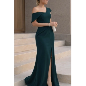 Kadın Tek Omzu Açık Kısa Kollu önden Yırtmaçlı Uzun Ithal Krep Elbise