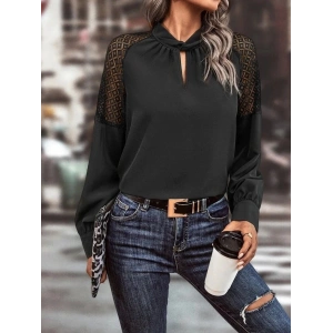 Kadın Uzun Kollu Anahtar Deliği Yaka Reglan Kol Dantel Detaylı Ithal Krep Bluz
