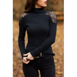 Kadın Uzun Kollu Balıkçı Yaka Omuzları Dantel Detay Kaşkorse Kumaş Bluz