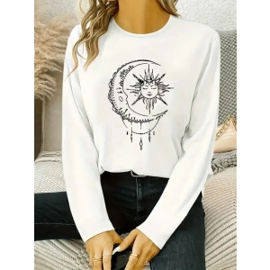 Kadın Uzun Kollu Bisiklet Yaka Ay Baskılı Viskon Bluz