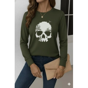 Kadın Uzun Kollu Bisiklet Yaka Kurukafa Desenli Viskon Bluz