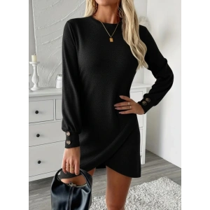 Kadın Uzun Kollu Bisiklet Yaka önden Asimetrik Kesim Detaylı Mini Yumoş Elbise