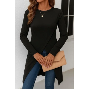 Kadın Uzun Kollu Bisiklet Yaka önden çapraz Kesim Detay Midi Viskon Bluz
