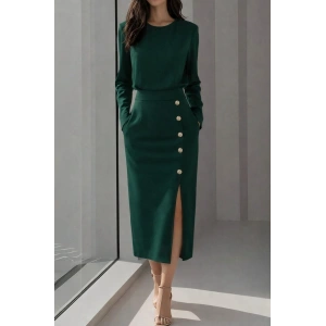 Kadın Uzun Kollu Bisiklet Yakalı Yandan Yırtmaçlı Düğmeli Midi Ithal Krep Elbise