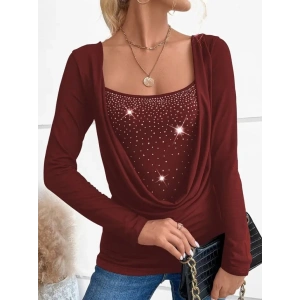 Kadın Uzun Kollu Derin Degaje Yakalı Taşlı Sandy Bluz