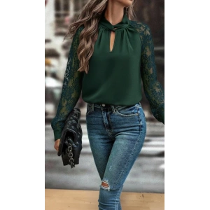 Kadın Uzun Kollu Göğüs Pencere Detay Yaka Boğazlı Kolları Tüllü Sandy Bluz