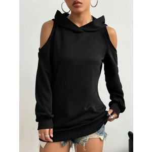 Kadın Uzun Kollu Kapşonlu Omuzlardan Açık Viskon Iki Iplik Bluz