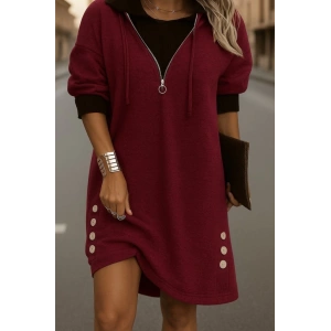 Kadın Uzun Kollu Kapşonlu önden Fermuarlı Düğmeli Mini Iki Iplik Elbise