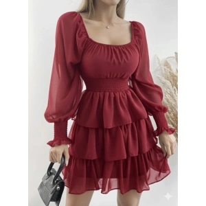 Kadın Uzun Kollu Kare Yaka Beli Lastikli Volanlı şifon Elbise