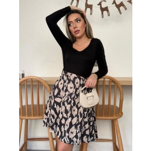 Kadın Uzun Kollu Kare Yaka Viskon Bluz Alt Süprem Baskılı Belden Kuşaklı Kısa Elbise