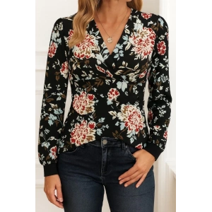 Kadın Uzun Kollu Kruvaze Yakalı Kelebek Desenli şardonlu Dalgıç Bluz