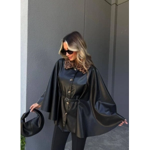 Kadın Uzun Kollu Leopar Yaka Detay Kuşak Dahil Deri Panço