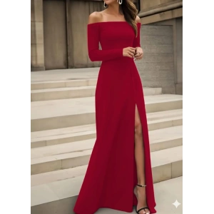 Kadın Uzun Kollu Madonna Yakalı Yırtmaç Detaylı Uzun Ithal Krep Elbise