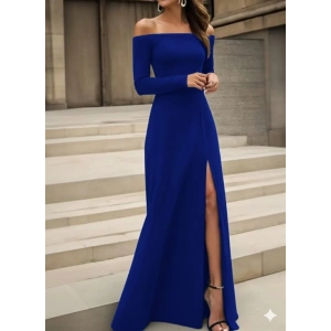 Kadın Uzun Kollu Madonna Yakalı Yırtmaç Detaylı Uzun Ithal Krep Elbise