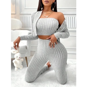 Kadın Uzun Kollu Straplez şardonlu Kaşkorse Bluz önü Düğmeli Ceket Ve Tayt Pantolonlu üçlü Takım