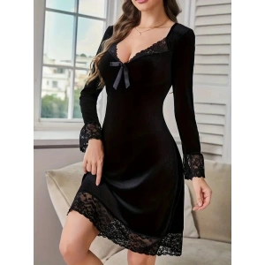 Kadın Uzun Kollu V Dantel Yakalı Mini Kadife Elbise