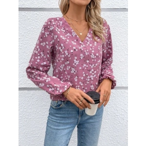 Kadın Uzun Kollu V Yakalı çiçek Desenli Modal Bluz