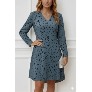 Kadın Uzun Kollu V Yakalı Desenli Kısa Keten Elbise