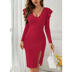 Kadın Uzun Kollu V Yakalı Yandan Yırtmaçlı Midi Ithal Krep Elbise