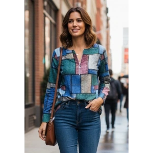 Kadın Uzun Kollu Yakadan Fermuarlı Kot Görünüm Desenli Uzun Modal Bluz