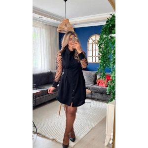 Kadın Uzun Kollu Yakalı Düğmeli Mini Ithal Krep Elbise