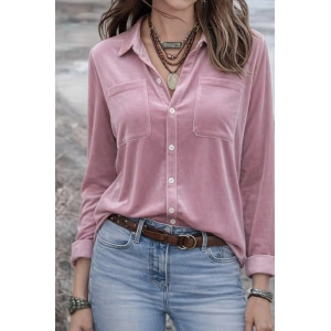 Kadın Uzun Kollu Yakalı önden Düğmeli Cep Detaylı Kadife Gömlek