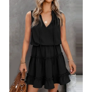 Kadın V Yaka Eteği Volanlı Ipek Ayrobin Kumaş Elbise