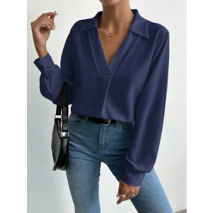 Kadın V Yaka Uzun Kollu Mosskrep Kumaş Bluz