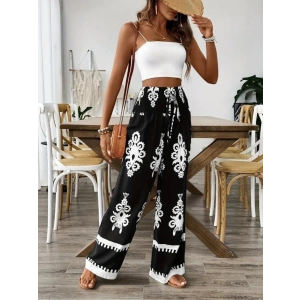Kadın Yüksek Bel Büzgülü Etnik Desen Baskılı Süprem Pantolon