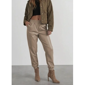 Kadın Yüksek Bel Lastikli önü Düğmeli Deri Pantolon