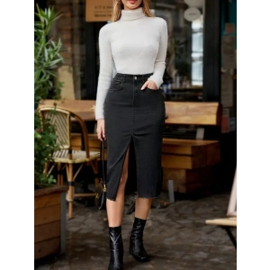 Kadın Yüksek Bel önden Yırtmaçlı Cepli Midi Kot Etek