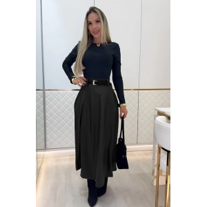 Kadın Yüksek Belli Maxi Deri Kemersiz Etek