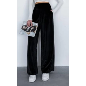 Kadın Yüksek Ben Beli Lastik Detay Kadife Kumaş Bol Paça Pantolon