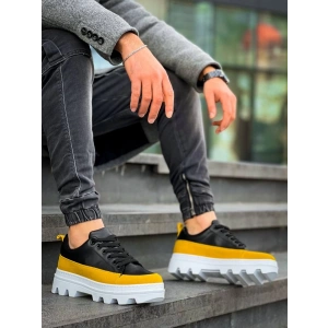 KB-056 Kuback Siyah Sarı Detaylı Beyaz Yüksek Taban Günlük Spor Ayakkabı