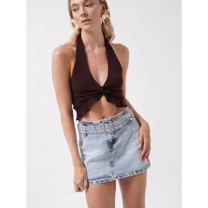 Kemer Detay Denim Mini Etek