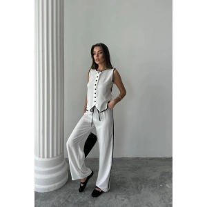 KETEN KENARLARI BİYELİ YELEK - PANTOLON TAKIM - Beyaz