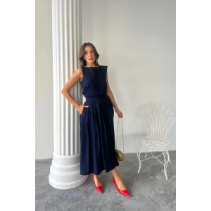 KETEN KOLSUZ BLUZ - MAXİ ETEK TAKIM - Lacivert