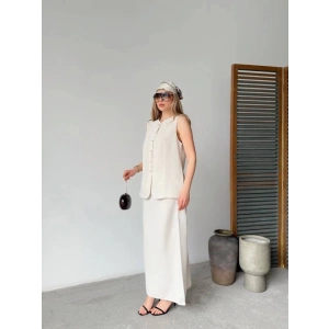 Keten Kolsuz Hırka Etek Ikili Takım- Beyaz