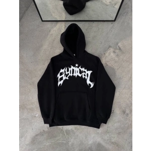 Kışlık Kapşonlu Baskılı Oversize SweatShirt- Siyah