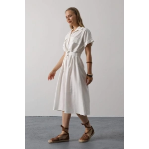 Kuşaklı Cep Detaylı Yarım Kol Elbise - Beyaz