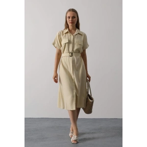Kuşaklı Cep Detaylı Yarım Kol Elbise - Ekru