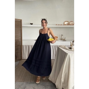 Lacivert Askılı Müslin Elbise