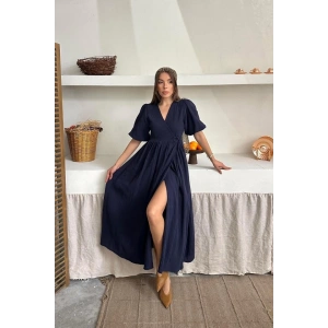 Lacivert Müslin Uzun Elbise