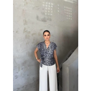 LEOPAR DESEN YANDAN BAĞLAMA DETAYLI BLUZ - Gri